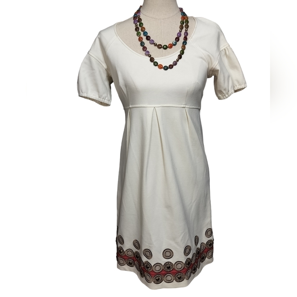 1512)Laundry by Shelli Segal Cream & Red Embellished Short Sleeve Mini Dress Sz8